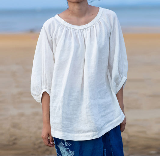 edoa Loose Fitting Linen Lantern Sleeves Gather Blouse