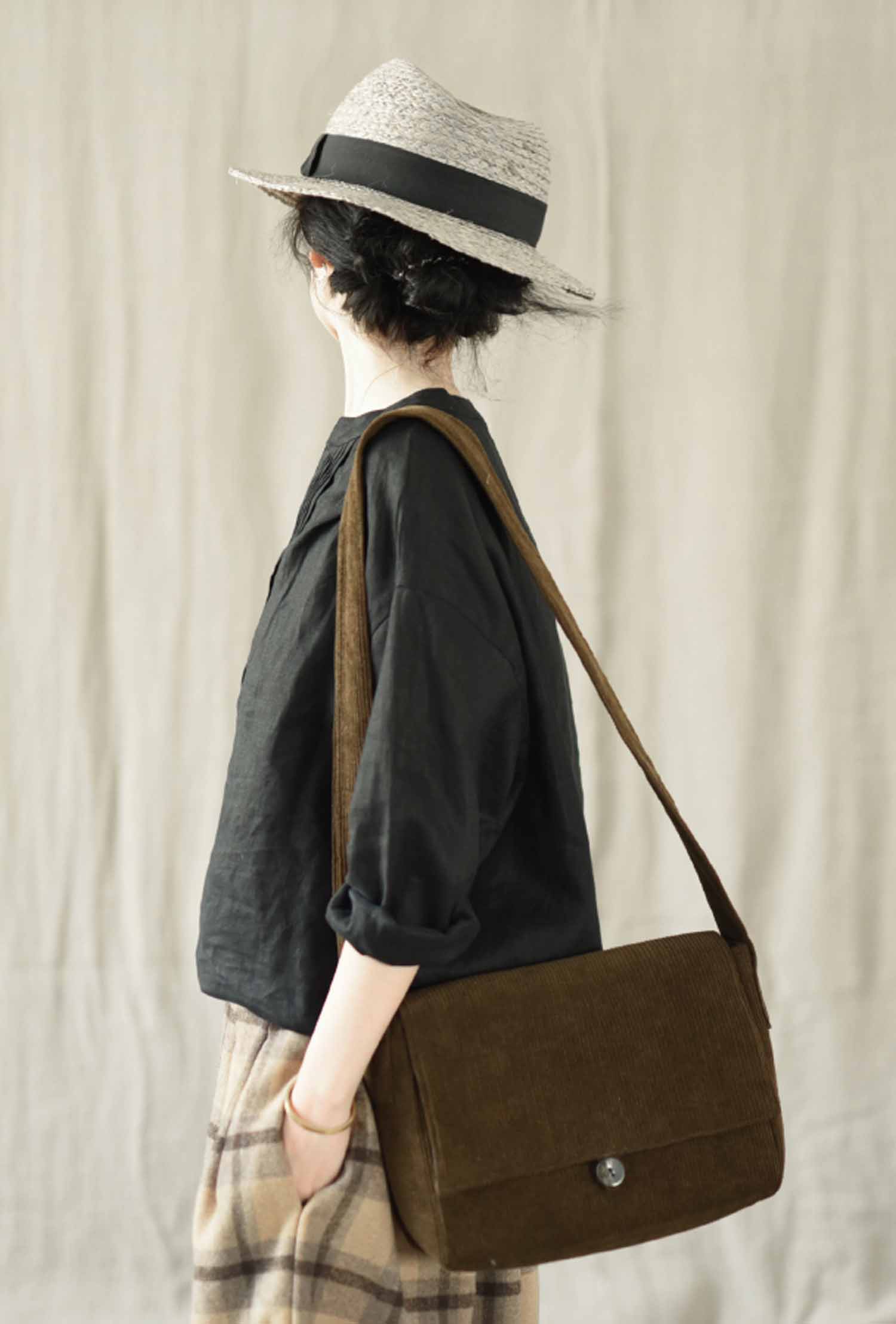 edoa Black V Neckline Pintucked French Linen Shirt