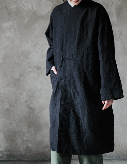 edoa Linen Trench Coat with Chinese Hand Knotted Button