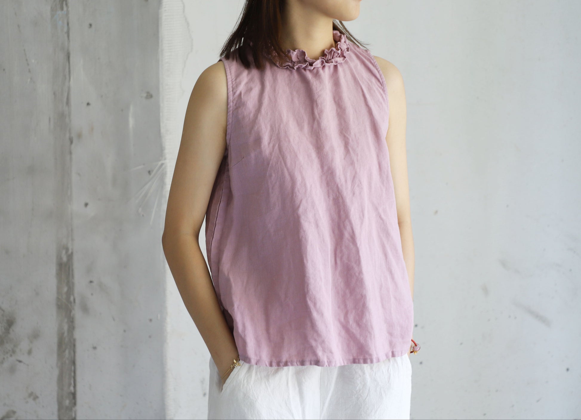 edoa Ruffle Trim Neckline French Linen Tank Top