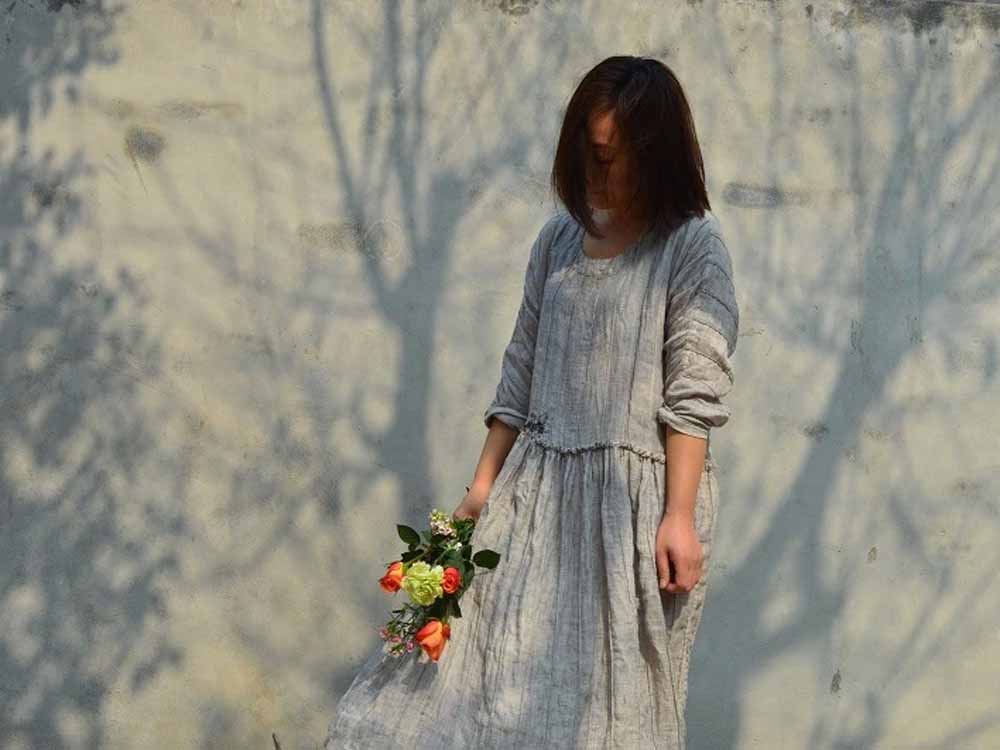 edoa Double Layered Pintucked Yarn dyed Linen Dress