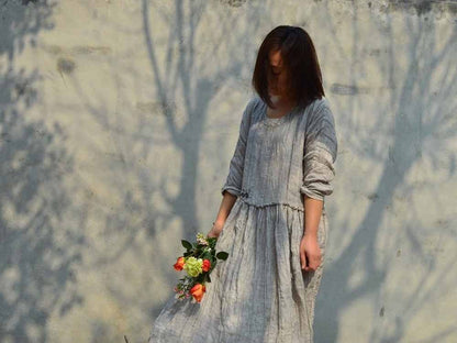 edoa Double Layered Pintucked Yarn dyed Linen Dress