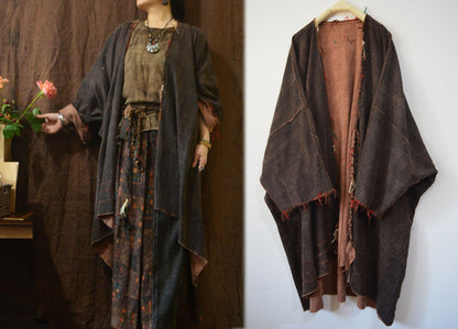edoa Loose Fitting Mud Tussah Silk Jacquard Cardigan Coat 