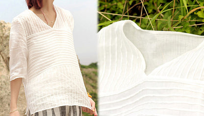edoa Hand Pintucked V-neck Ramie Blouse