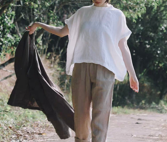 edoa White Oversized Linen Square Top with Twisted neck