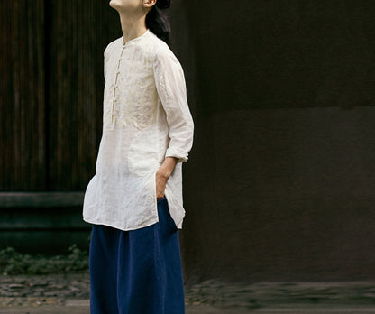 edoa Washed Linen Blouse Decored with Toned Dupioni Hand-sewn Applique' 