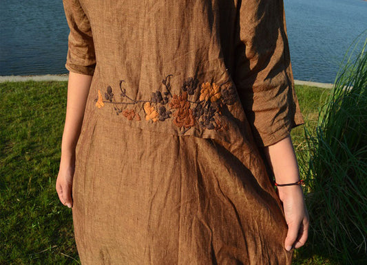 edoa Yarn dyed Linen Dress with Hand Embroidery 