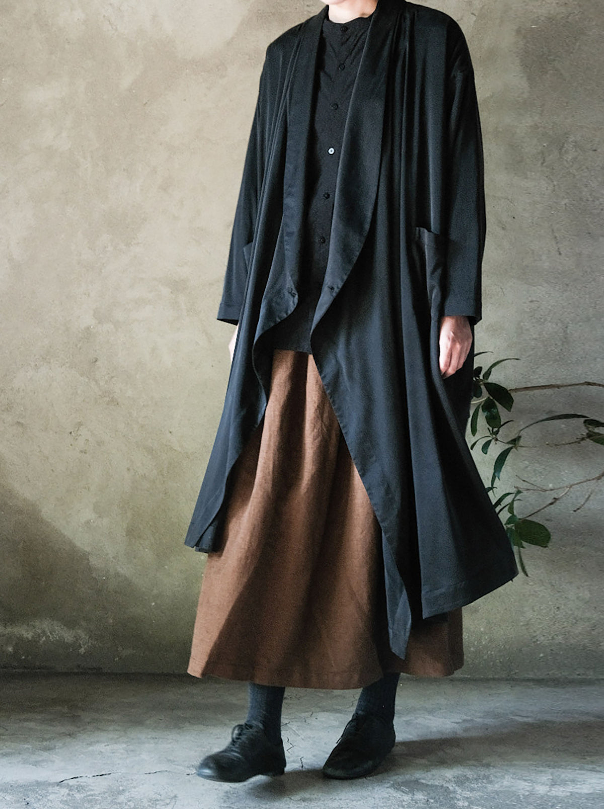 edoa Black Stone Washed Silk Charmeuse Shawl Collar Coat