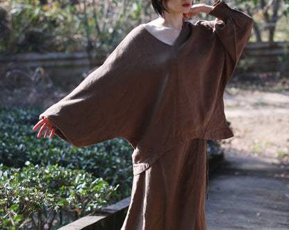 edoa Brown Linen V-neck Blouse with Balloon Sleeves