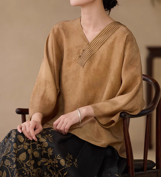 edoa Distressed Plant Dye Silk Charmeuse Chinese Blouse