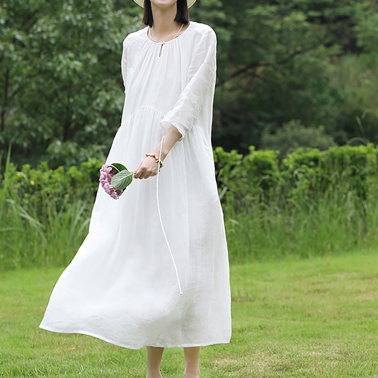edoa High Counted Ramie Gathered Midi Dress 
