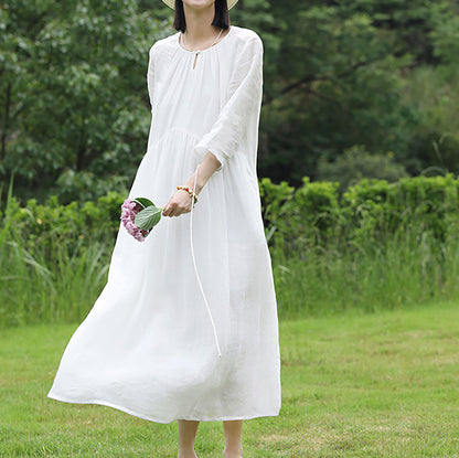 edoa High Counted Ramie Gathered Midi Dress 
