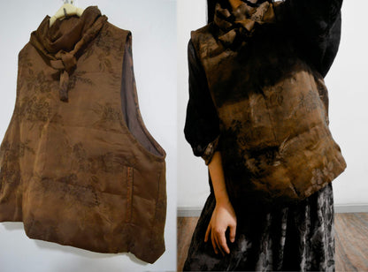 Distressed Mud Silk Jacquard High Neck Goose Down Vest to0336 X004