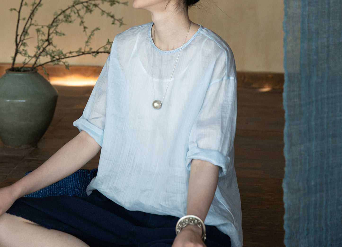 edoa High Counted Ramie 3/4 Sleeves Blouse 