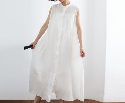 edoa Off White Sleeveless Linen Shirt Dress