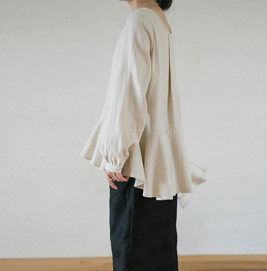 EDOA Romantic Ruffle Flax Linen Blouse