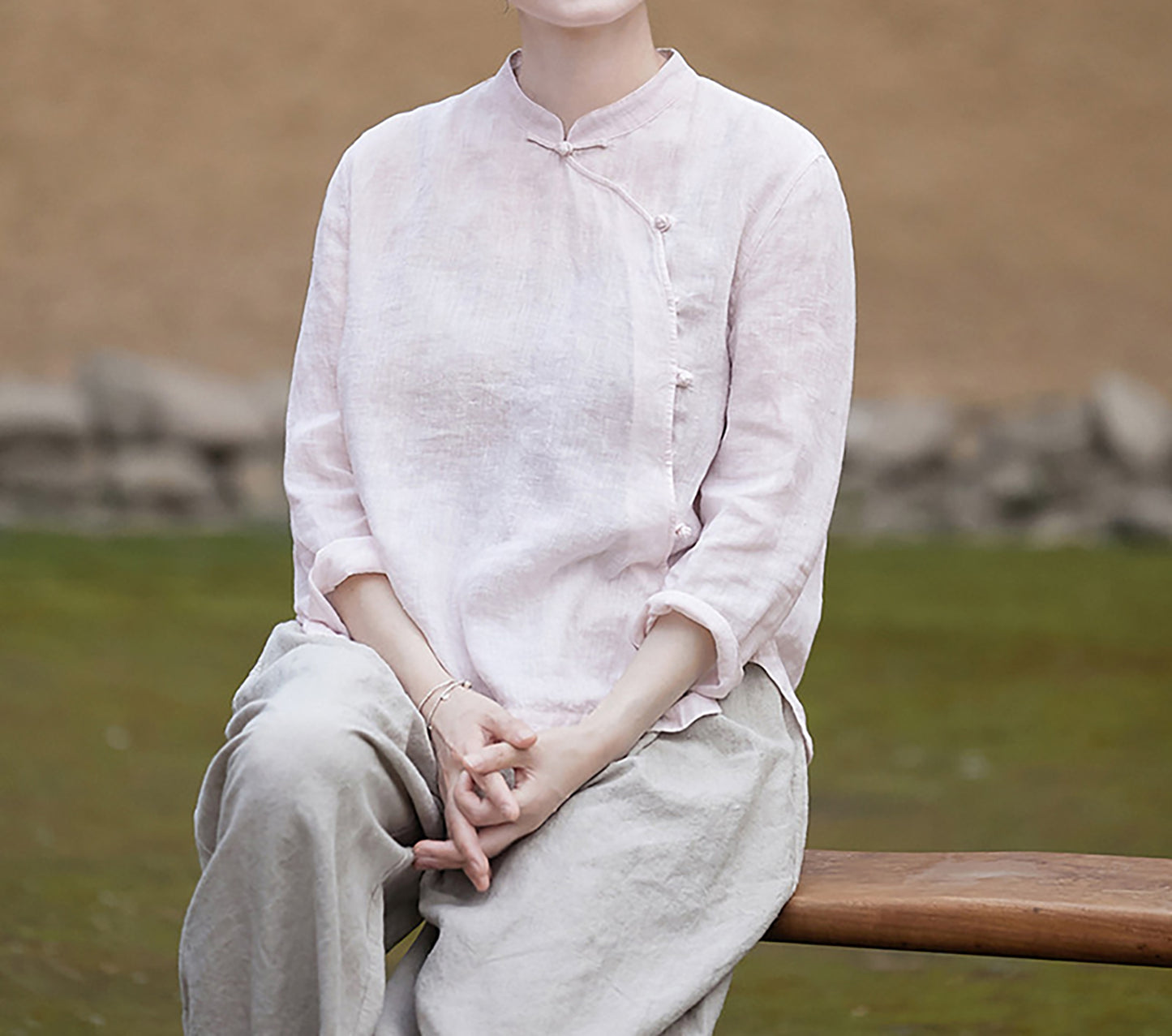 edoa Pink Linen Chinese Qipao Blouse