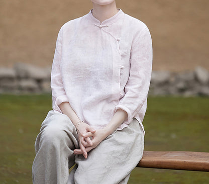 edoa Pink Linen Chinese Qipao Blouse