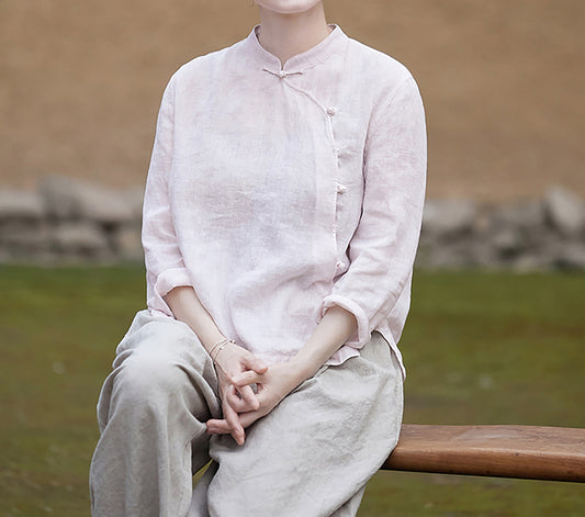 edoa Pink Linen Chinese Qipao Blouse