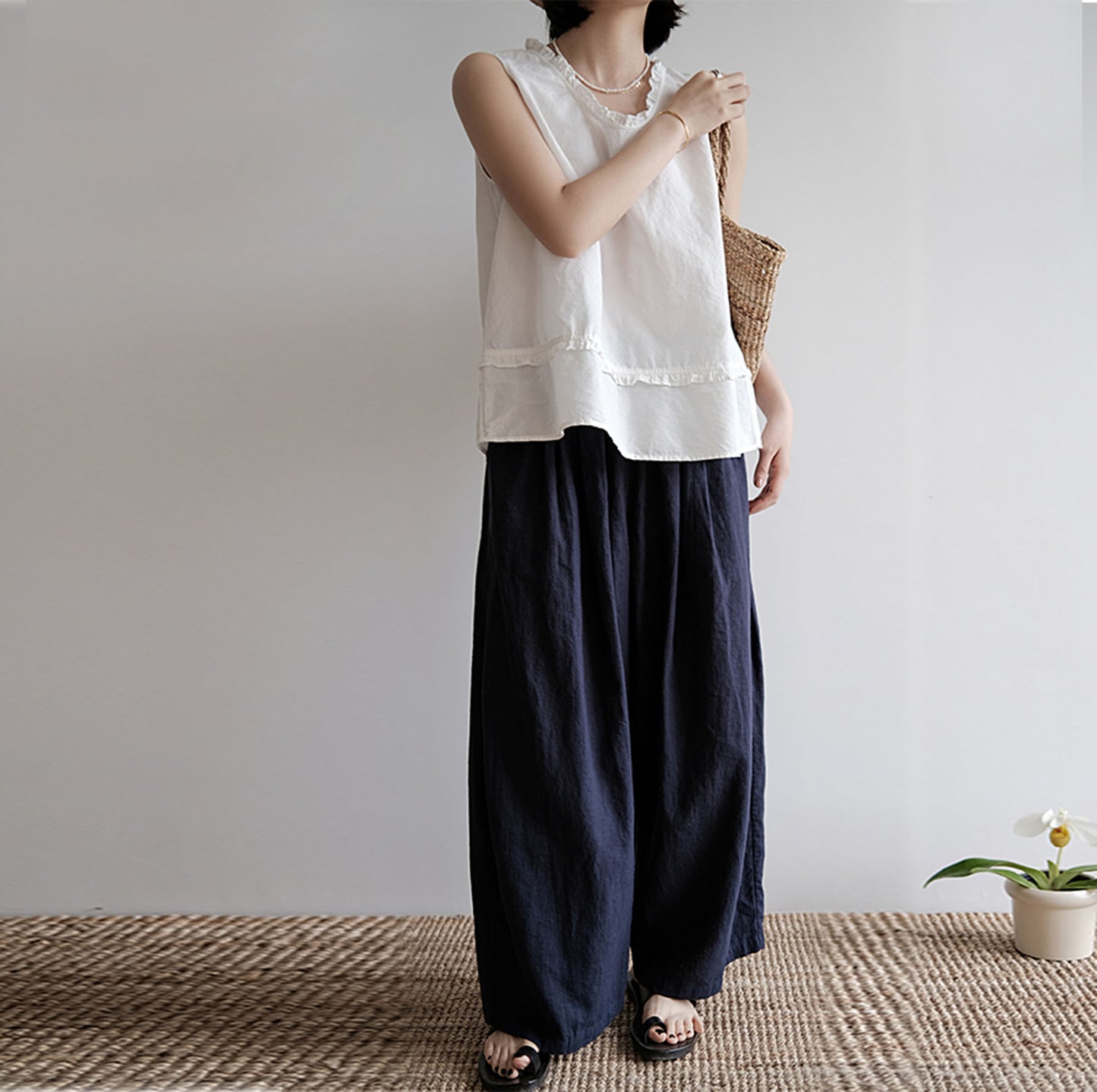 edoa Ramie Cotton Blend Wide Leg Pants