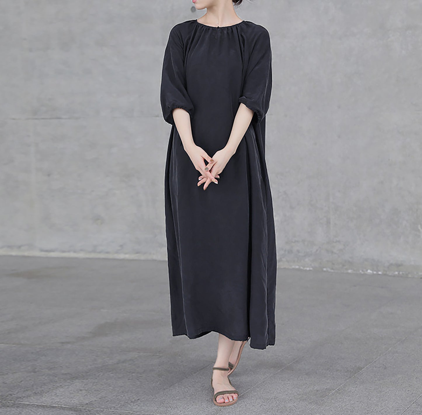 edoa Black Sand Washed Mulberry Silk Habotati Dress