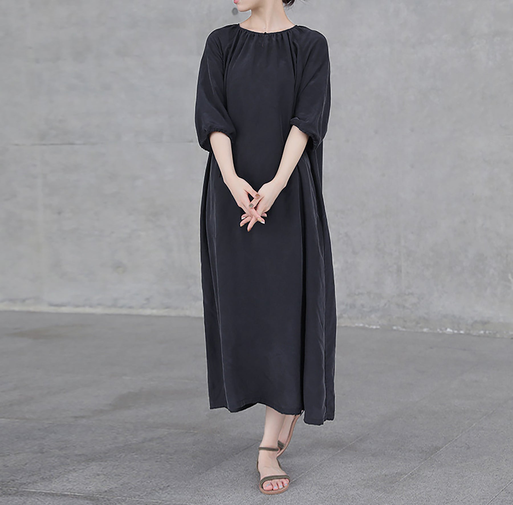 edoa Black Sand Washed Mulberry Silk Habotati Dress