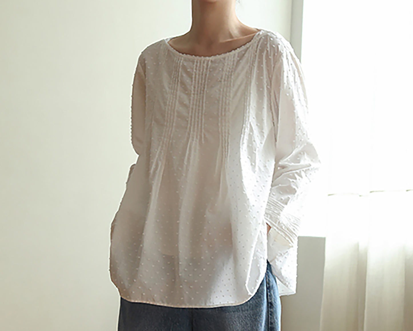 edoa Flocked Polka Dot Cotton Pintuck Blouse