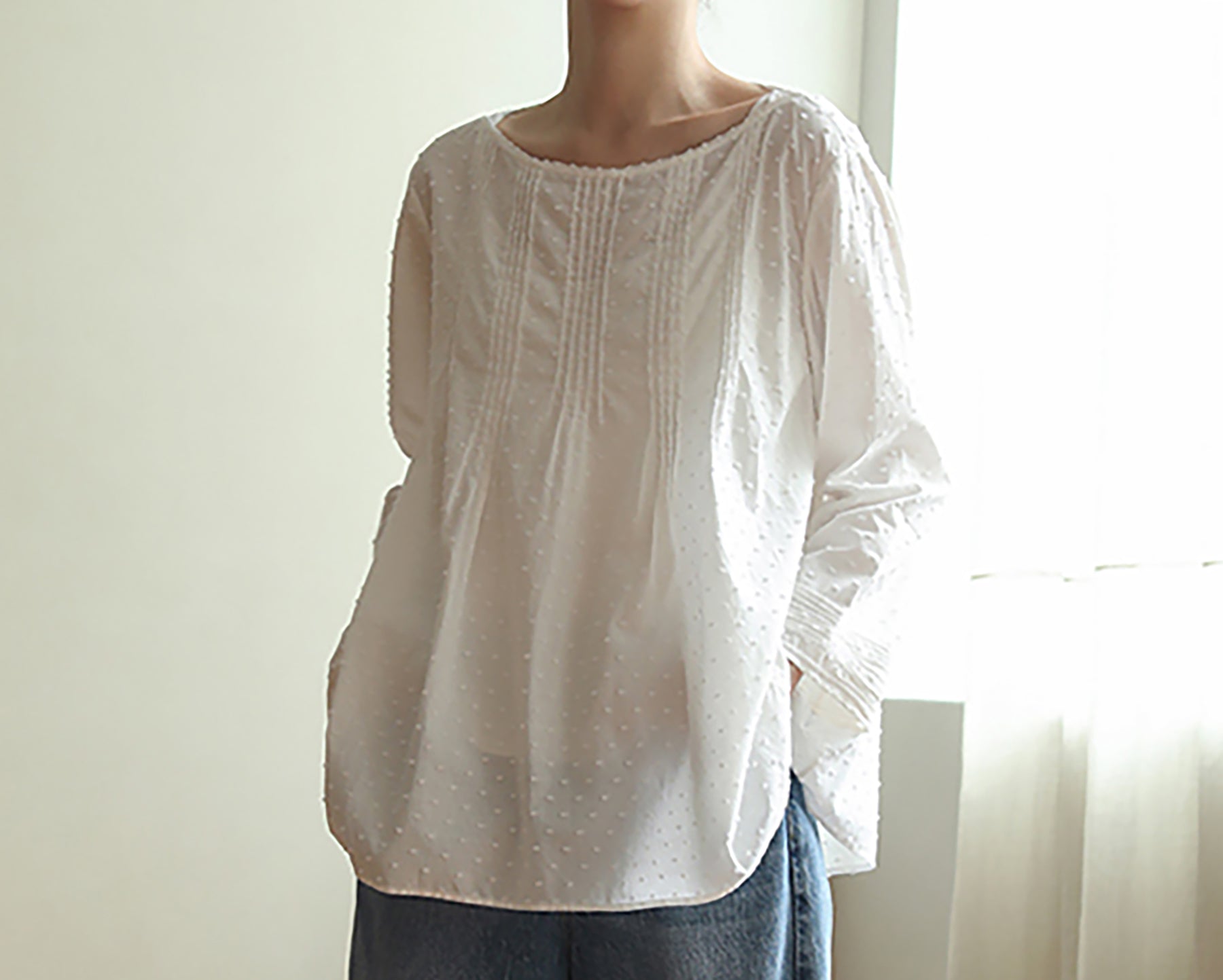 edoa Flocked Polka Dot Cotton Pintuck Blouse