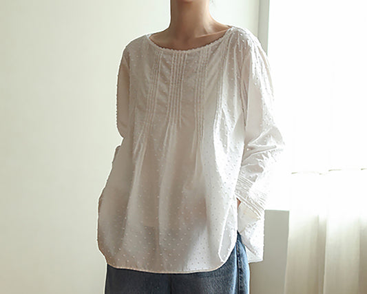 edoa Flocked Polka Dot Cotton Pintuck Blouse
