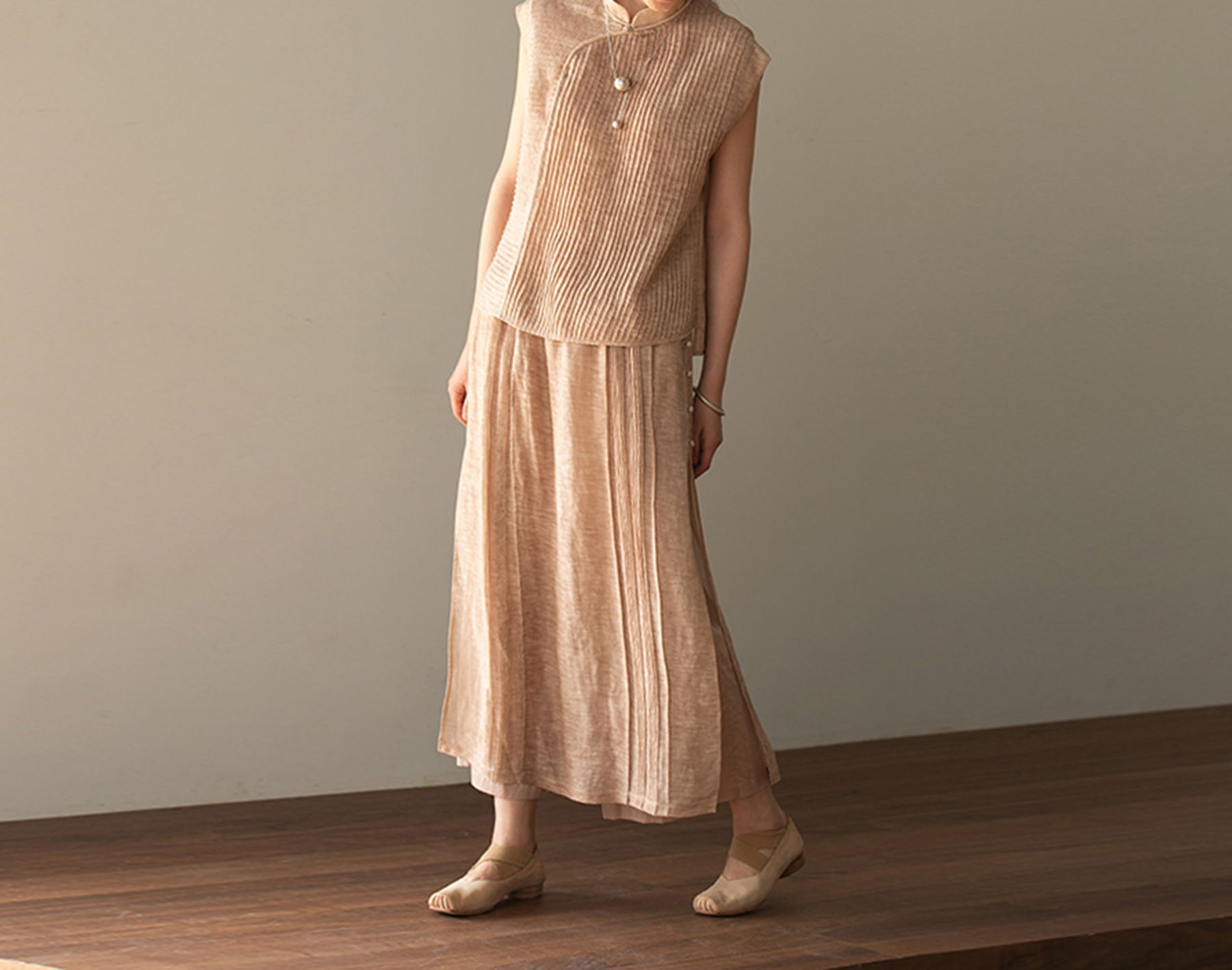 edoa Hand-pintucked Distressed Linen Rayon Blend Pen Skirt 
