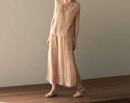 edoa Hand-pintucked Distressed Linen Rayon Blend Pen Skirt 