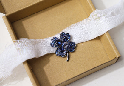 edoa  Dainty Deep Blue Crystal Clover Brooch