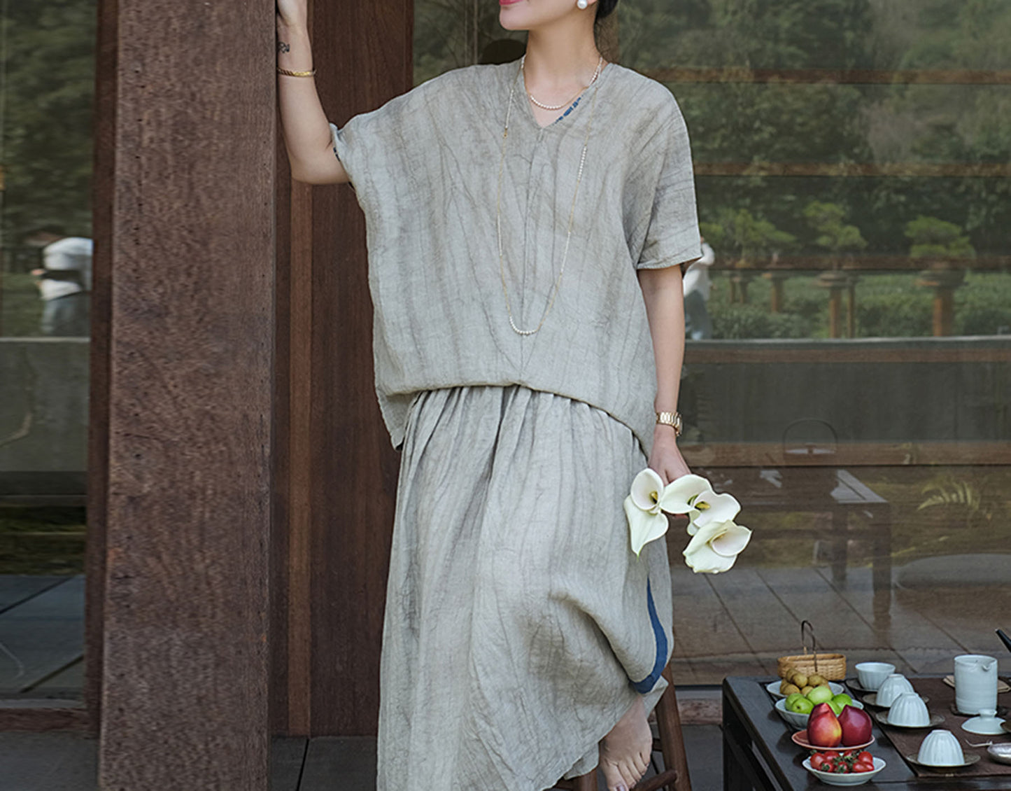 edoa Crinkled Linen Split Neck Tunic