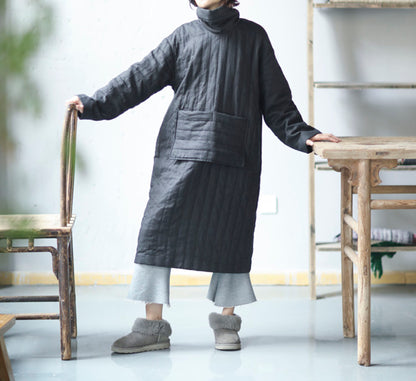 edoa Linen Turtle Neck Quilted Pull-over Coat
