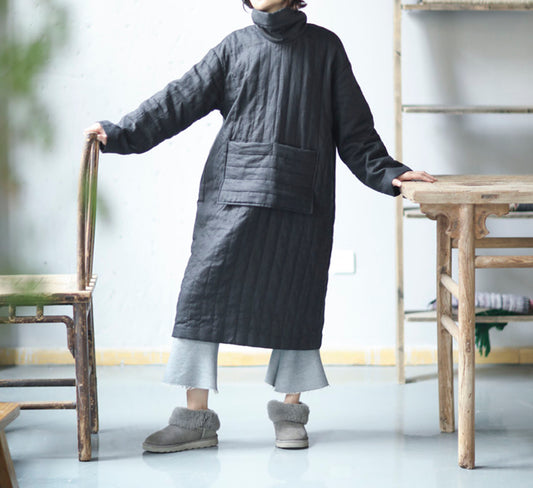 edoa Linen Turtle Neck Quilted Pull-over Coat