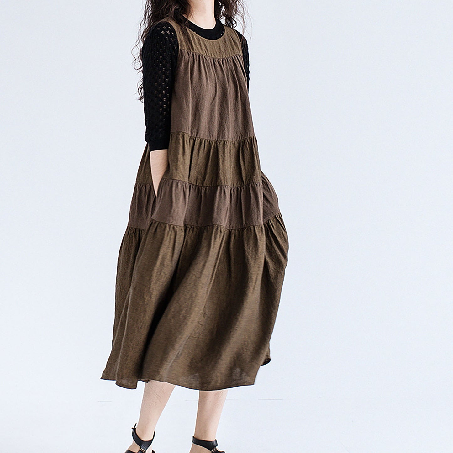 edoa Brown Two-tone Linen Tired Midi Dress