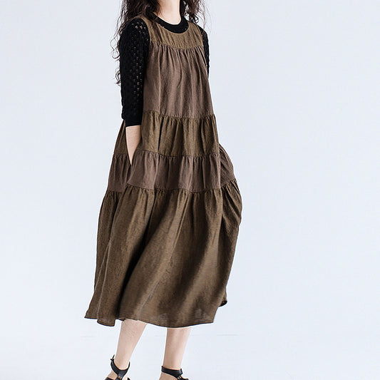 edoa Brown Two-tone Linen Tired Midi Dress