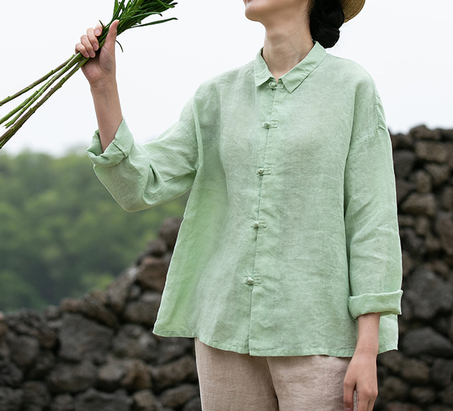 edoa Washed Linen Modified Cheongsam Blouse