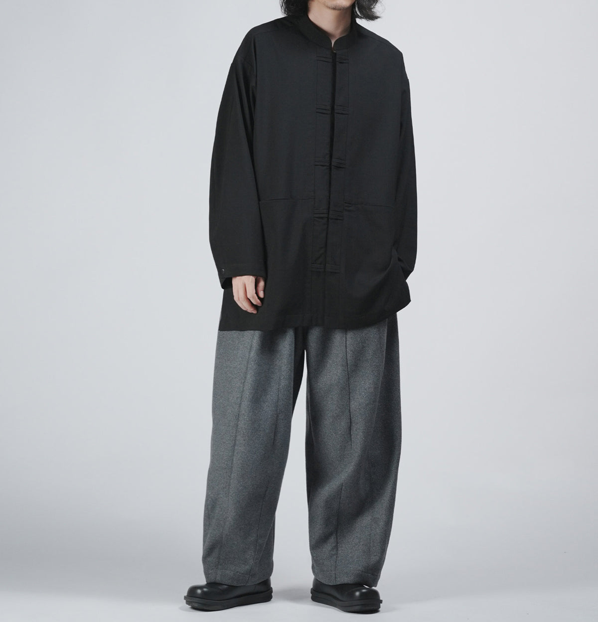 edoa Casual Loose fit Chinese Style Stand Collar Thin Woolen Kung Fu Over Shirt