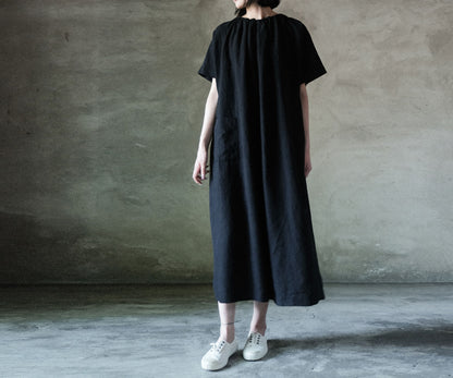 edoa Linen Gathering Neck A-line Tie Dress