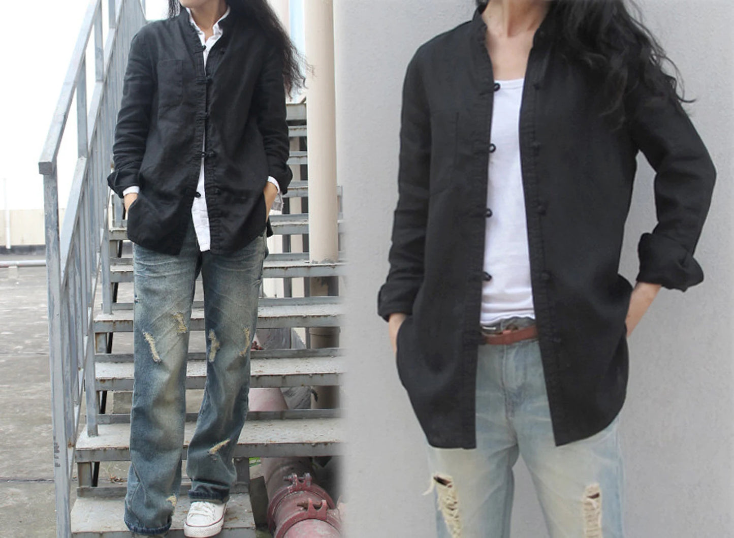 edoa Stand Collar Linen Chinese Shirt 