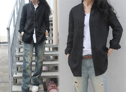 edoa Stand Collar Linen Chinese Shirt 