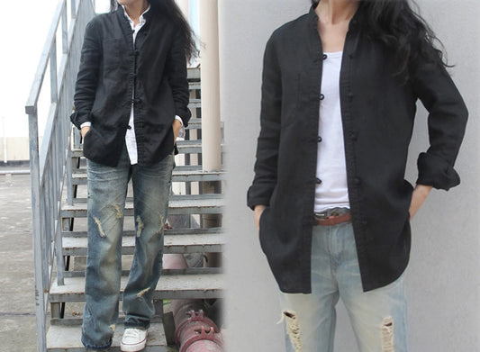 edoa Stand Collar Linen Chinese Shirt 