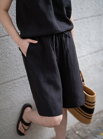 Loose Fitting Black Linen Shorts sr0004 Q713