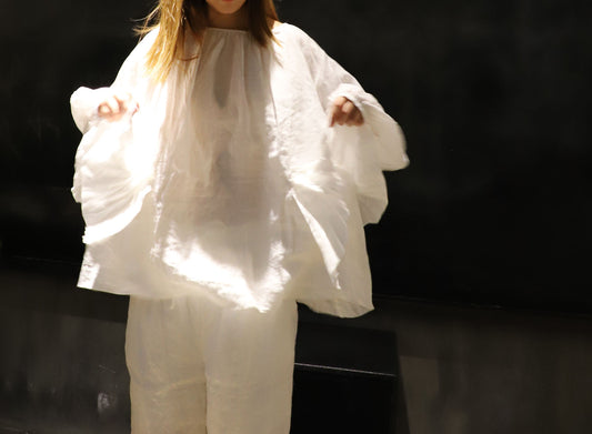 edoa White French Linen 2-way Ruffle Poem Tunic