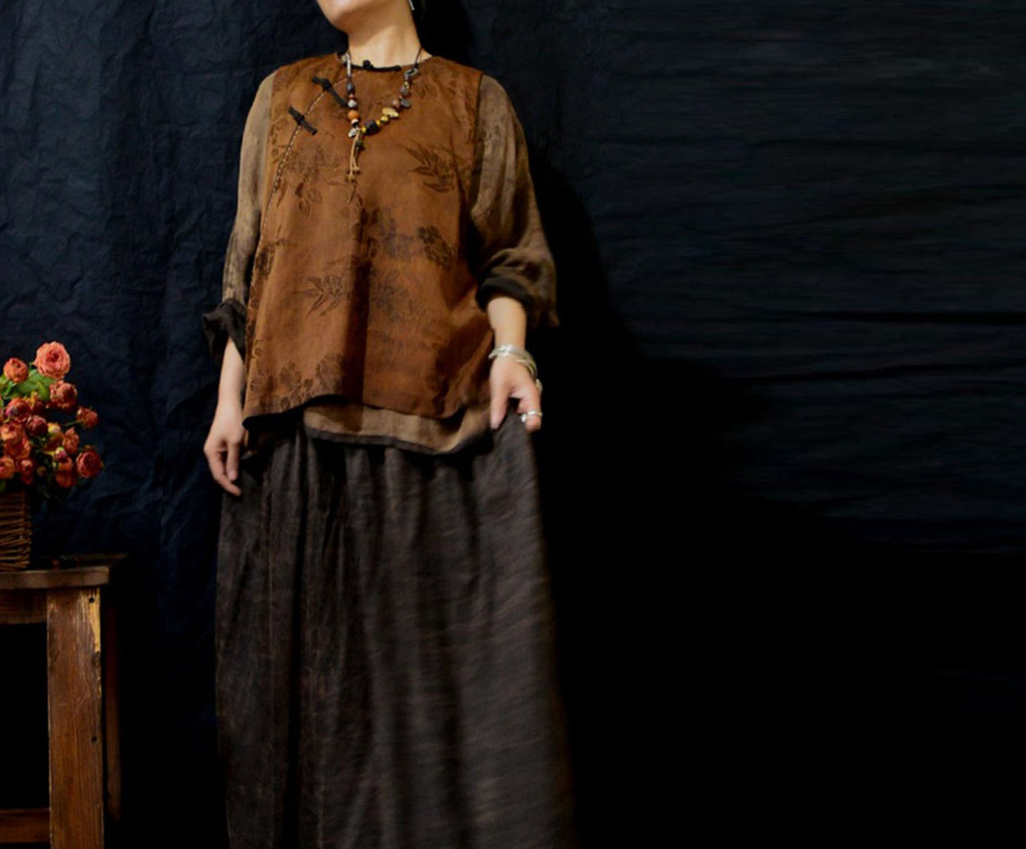 edoa Mud Silk Rayon Blend Jacquard Chinese Vest