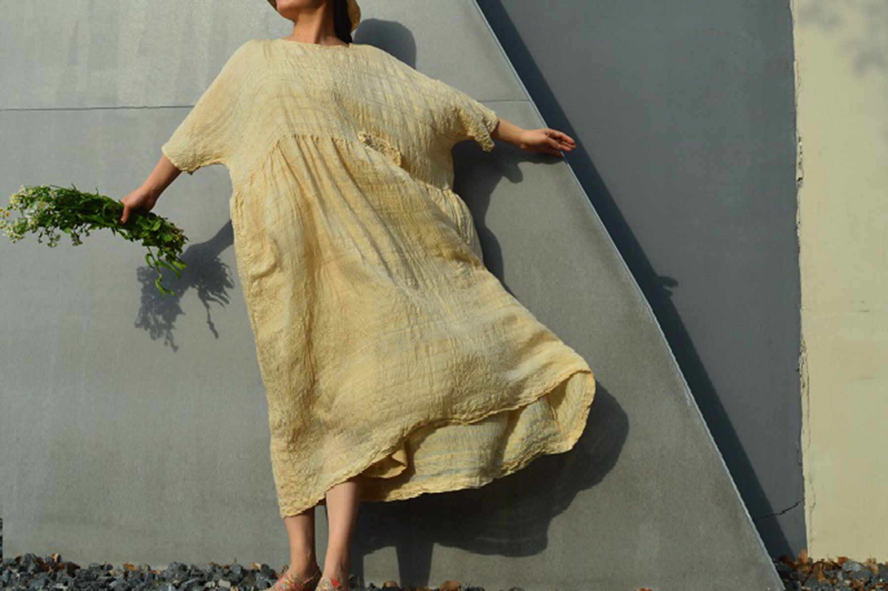 edoa Embroidered High Waist Hand-spun Tussah Silk Dress 