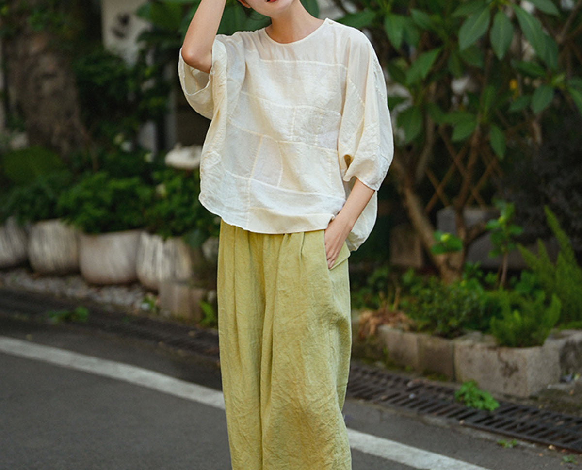 edoa Linen and Tussah Silk Patchwork Blouse