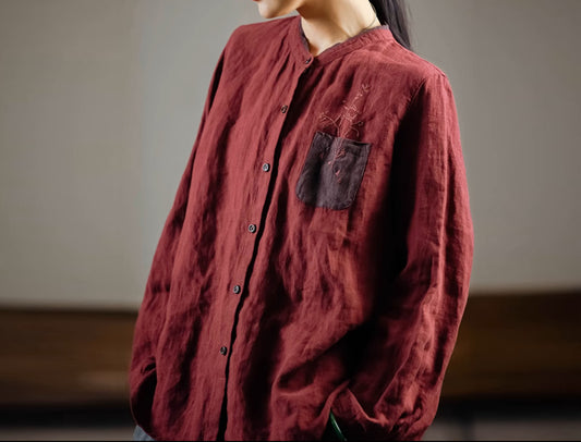 edoa Stand Collar Blouse with Hand Embroidery