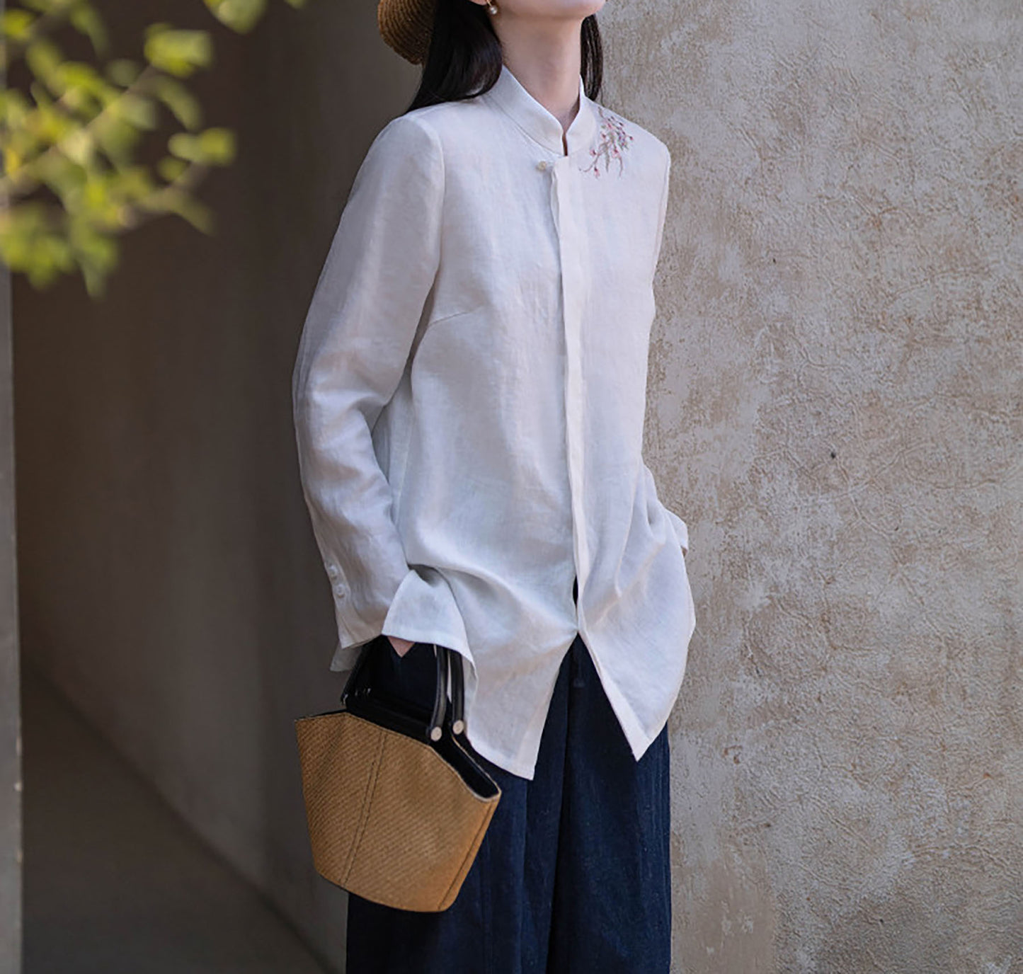 edoa White Linen Chinese Blouse with Hand Embroidery